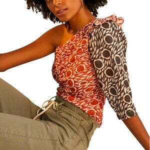 NEW Anthropologie Cecilia Pettersson Printed One Shoulder Blouse Red Size L